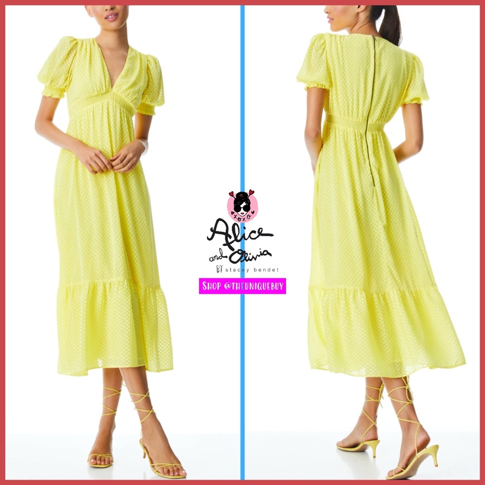 Alice + Olivia Yellow Swiss Dot Midi Dress